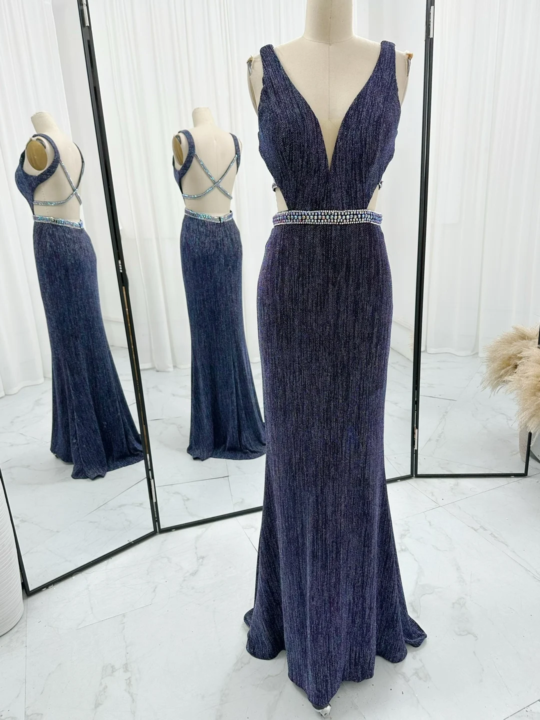 

CloverBridal In Stock New High Quality New Navy Sexy Criss-cross Back Glitter Evening Dresses V Neckline Slim Prom Gown 1295