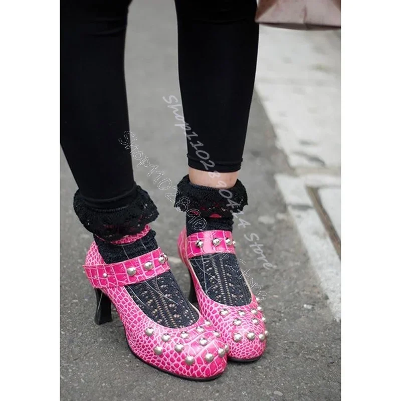 

Rose Red Alligator Print Rivets Decor Round Toe Pumps Buckle Strap Women Shoes Thin High Heels Banquet 2024 Zapatos Para Mujere