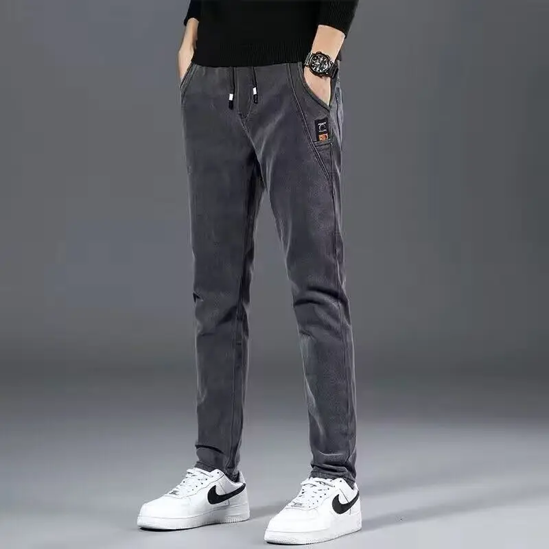 

2024 KPOP Fashion Style Harajuku Slim Fit Trousers Thickening All Match Casual Pants Solid Pockets Plush Straight Cylinder Jeans