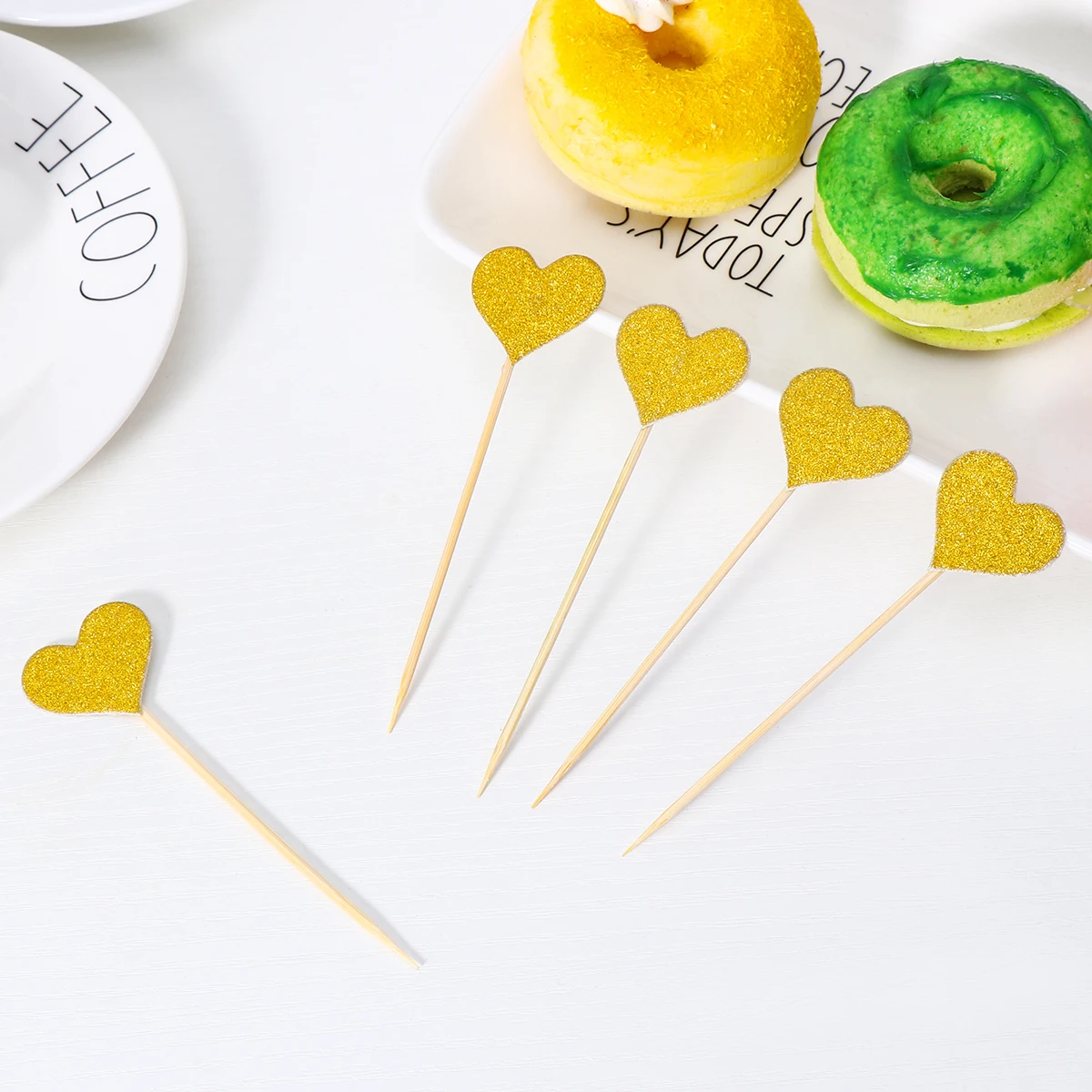 50pcs Heart Cupcake Toppers Gold Glitter Heart Large Cupcake Toppers Golden Wedding / Bridal / Baby Shower