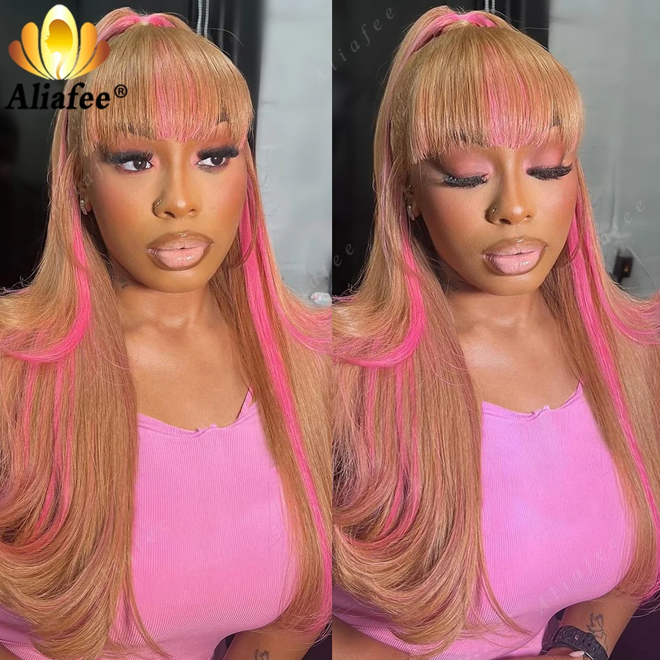 

Honey Blonde Bangs Wig 13x6 Lace Frontal Wig Human Hair Brazilian Highlight Pink 5x5 Lace Closure Wigs for Women Straight Wig