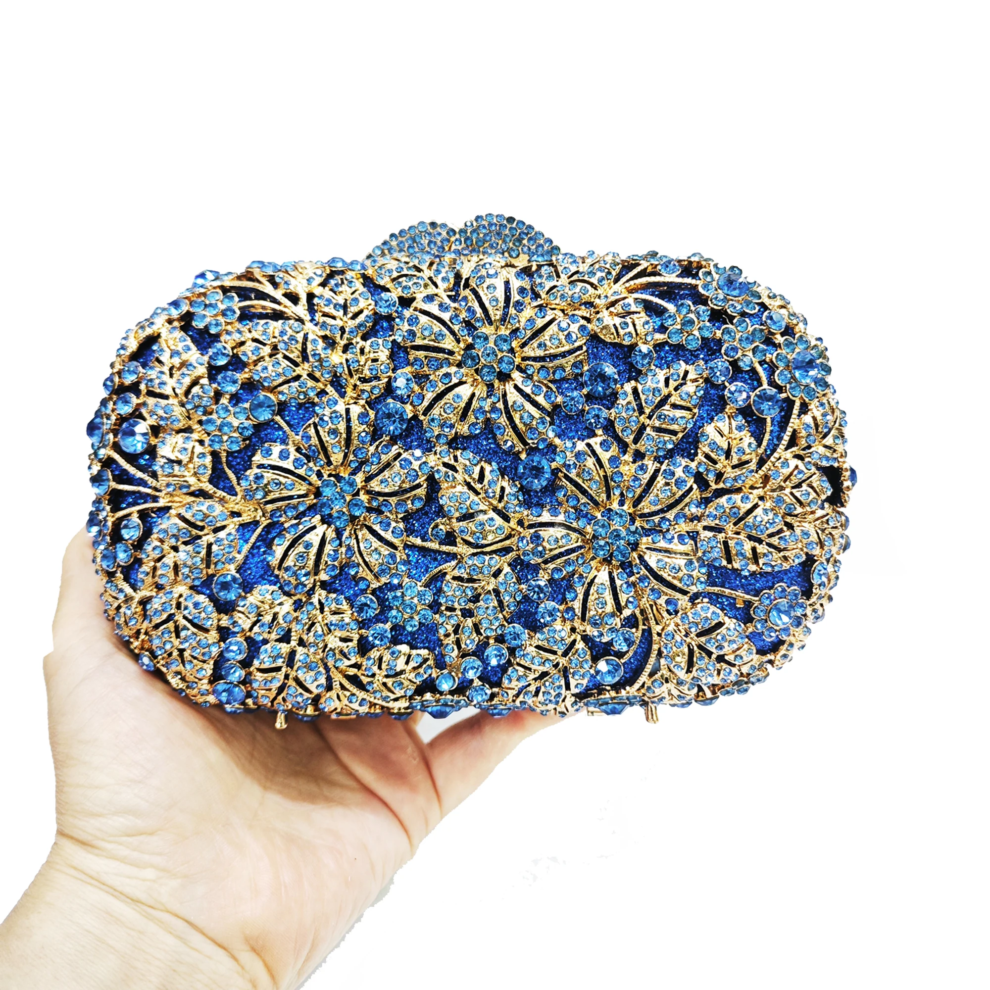 

WHTUOHENG Gold Metal Flower Stones Evening Clutch Hollow Out Diamond Wedding Party Handbag Purse Women Crystal Minaudiere Bag