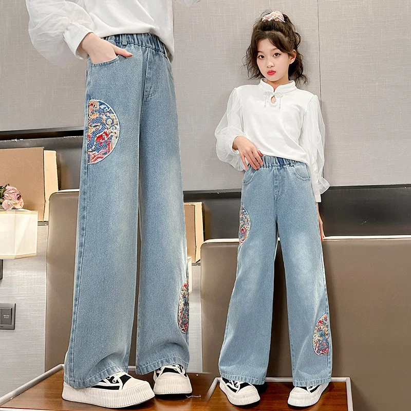 Estate ragazze scuola media moda sciolto tinta unita piccolo amore Jeans pantaloni Casual pantaloni gamba larga 4-10 anni