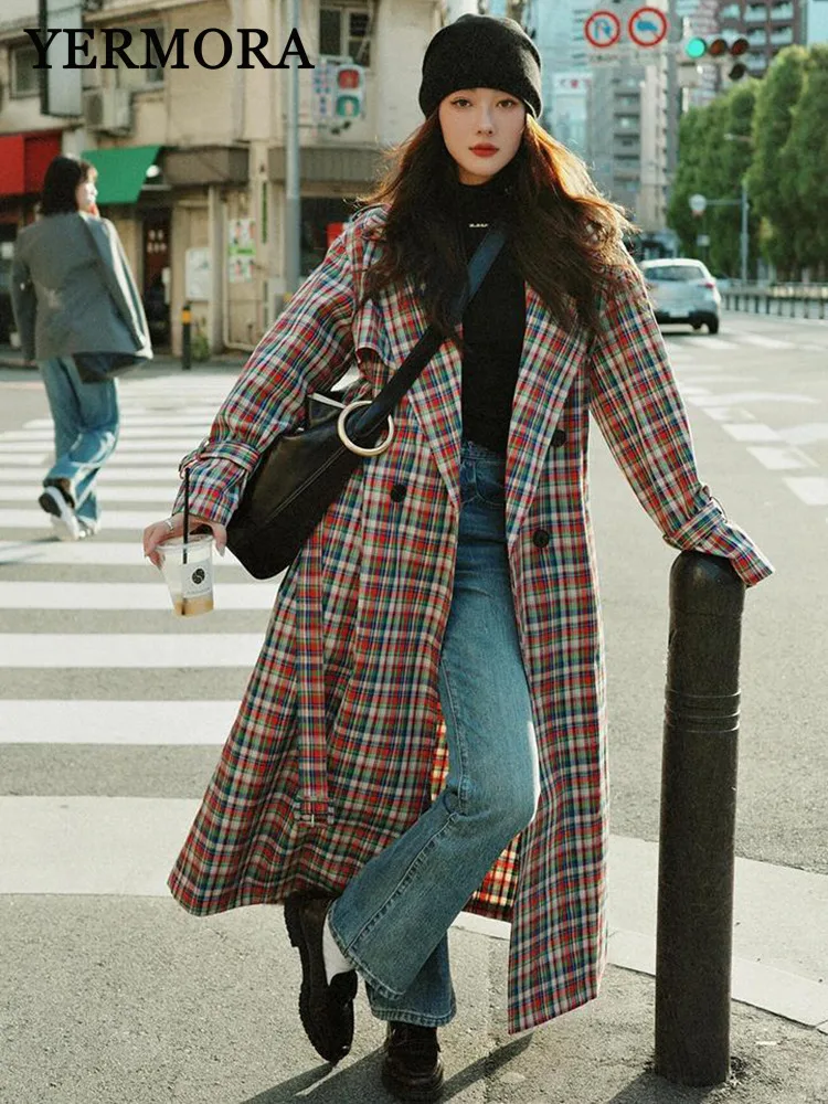 

YERMORA Women Color-block Plaid Button Casual Trench Lapel Long Sleeve Loose Windbreaker Fashion Spring Autumn 2025 New A612
