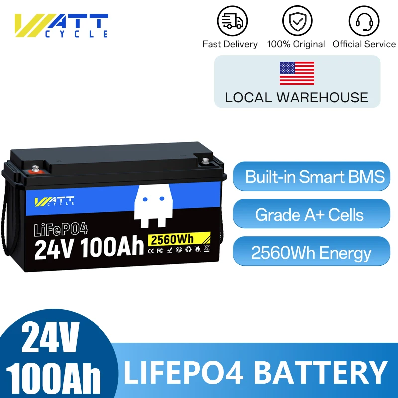 Wattcycle 24V 100Ah LiFePO4 Battery 2560Wh Grade A Cells With BMS 100A Outdoor Power Supply Lithium Iron Phosphate Battery Packs