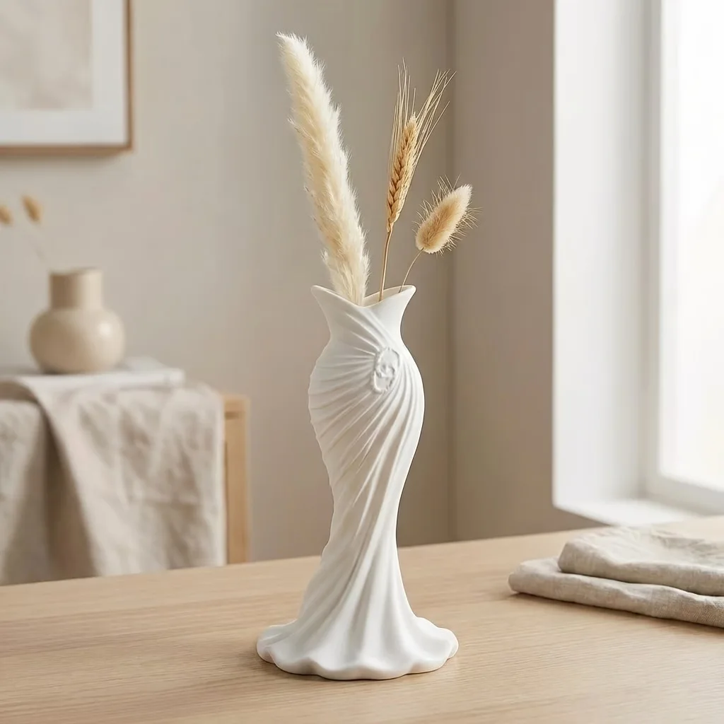 Gown-Shaped 3D Printed Flower Vases Twisted Design Minimalist-Style Elegant Dress Vase Flower Arrangement Decorative Vase