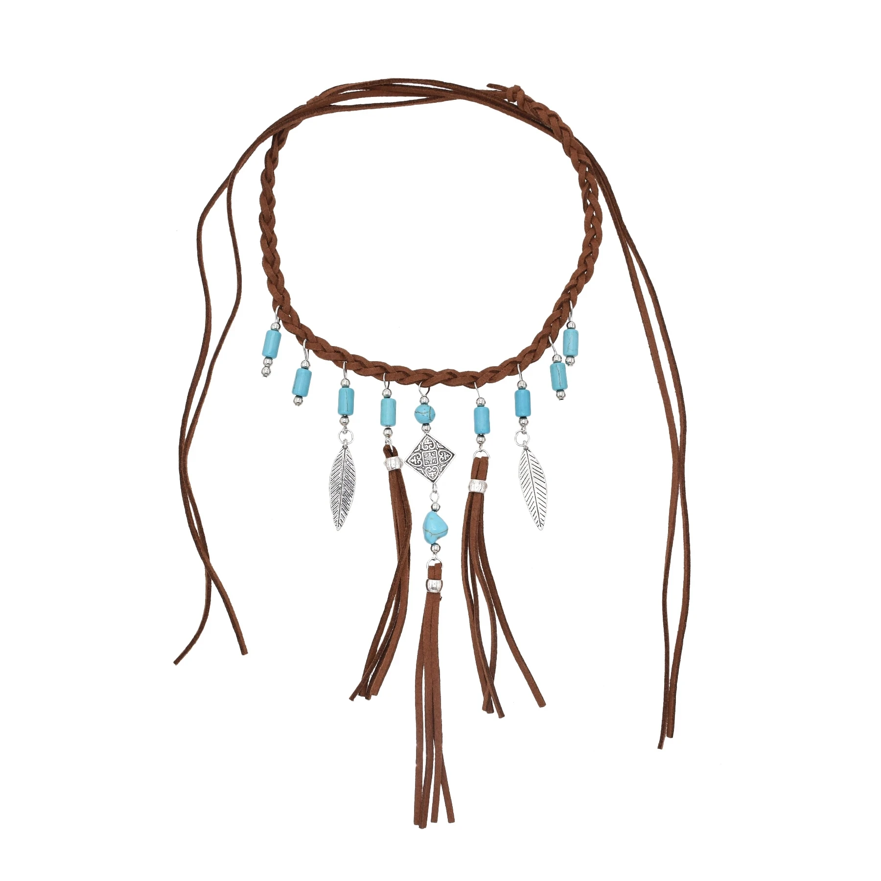 Retro Brown Leather Rope Woven India Necklace Red Blue Acrylic Bead Leaf Tassel Choker Necklaces Ethnic Tribal Statement Jewelry