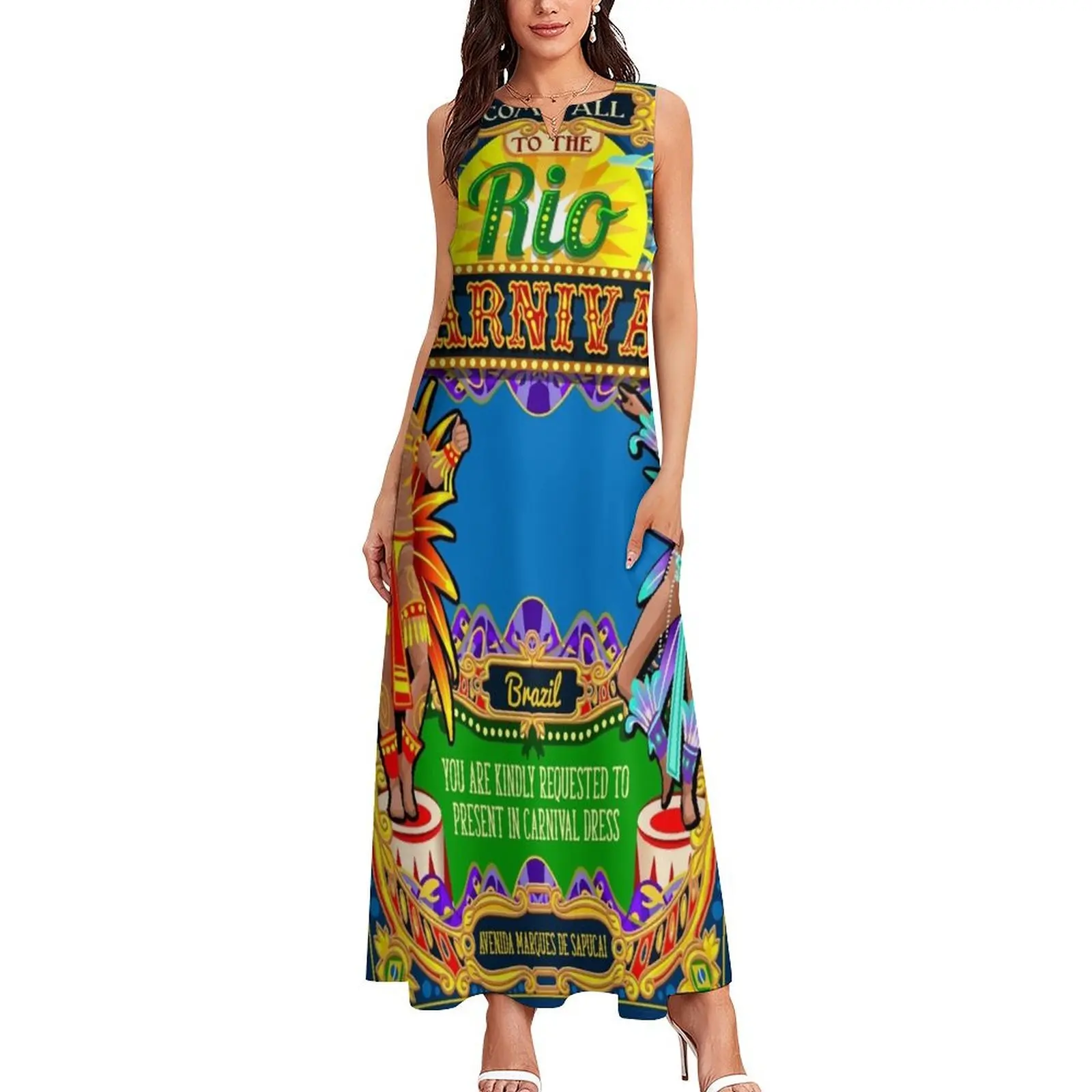 Rio Carnival Poster Frame Brazil Carnaval Mask Show Parade Long Dress long sleeve dress Woman fashion Dress