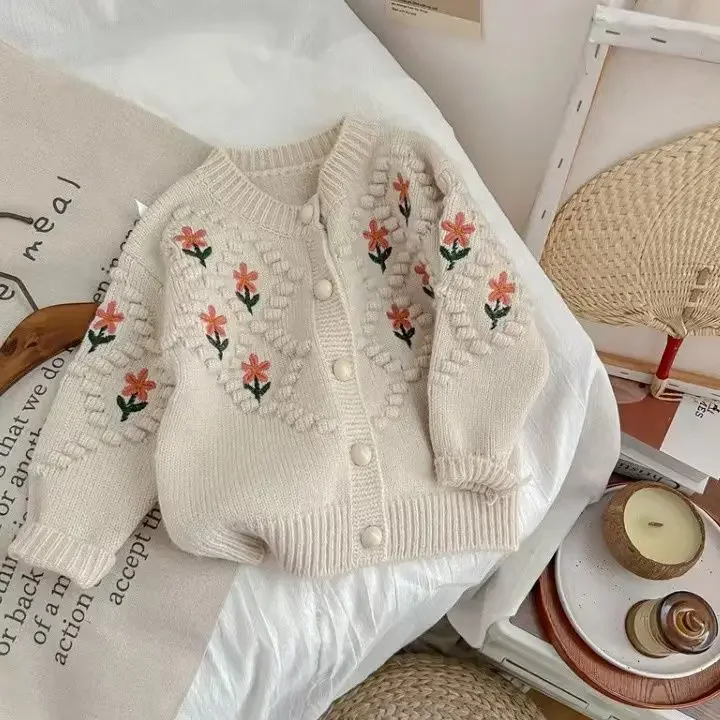 Girls Sweater Cardigan Jacket Fall Winter New Korean Children\'s Spring Knitting Thickened Top Round Neck Knitted Sweater