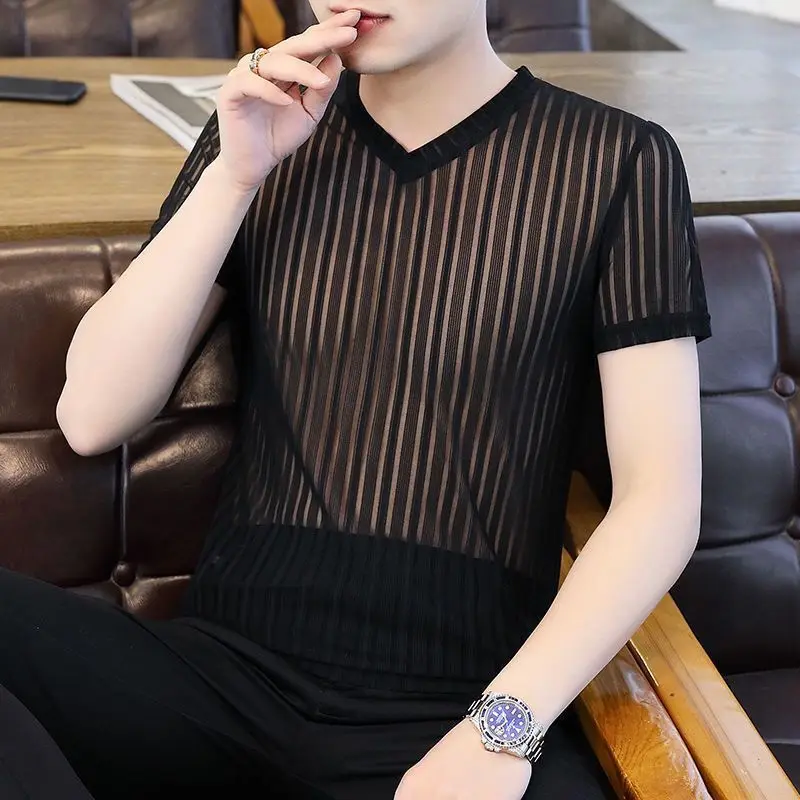 Korean Ice Silk Fabric Men\'s Clothing Summer Ventilate Hollow Tops Man Casual V-neck Solid Color T-shirt