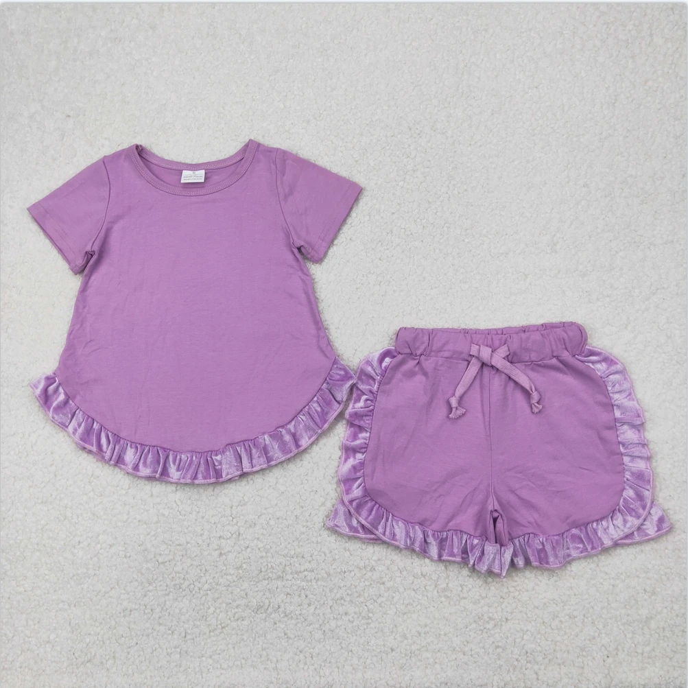 

wholesale children's clothing short sleeve Baby Girls Lavender Cotton Top Ruffle Shorts Clothes Sets Toddler Girls clothing