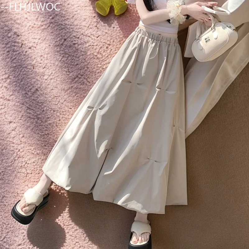 Pleated Midi Skirts New Design Fashion Woman Y2K FLHJLWOC All-Match Outfits Girls High Elastic Waist Gray Black White Long Skirt