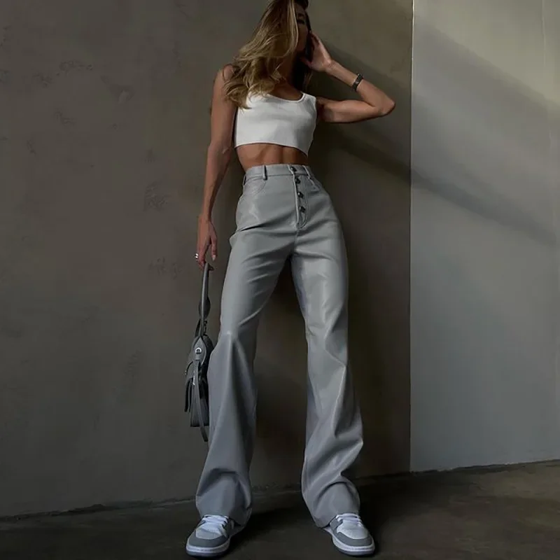 CNACNOO Fashion White PU Leather High Rise Pants Streetwear Casual Button Up Straight Leg Pants for Women Trousers Pants