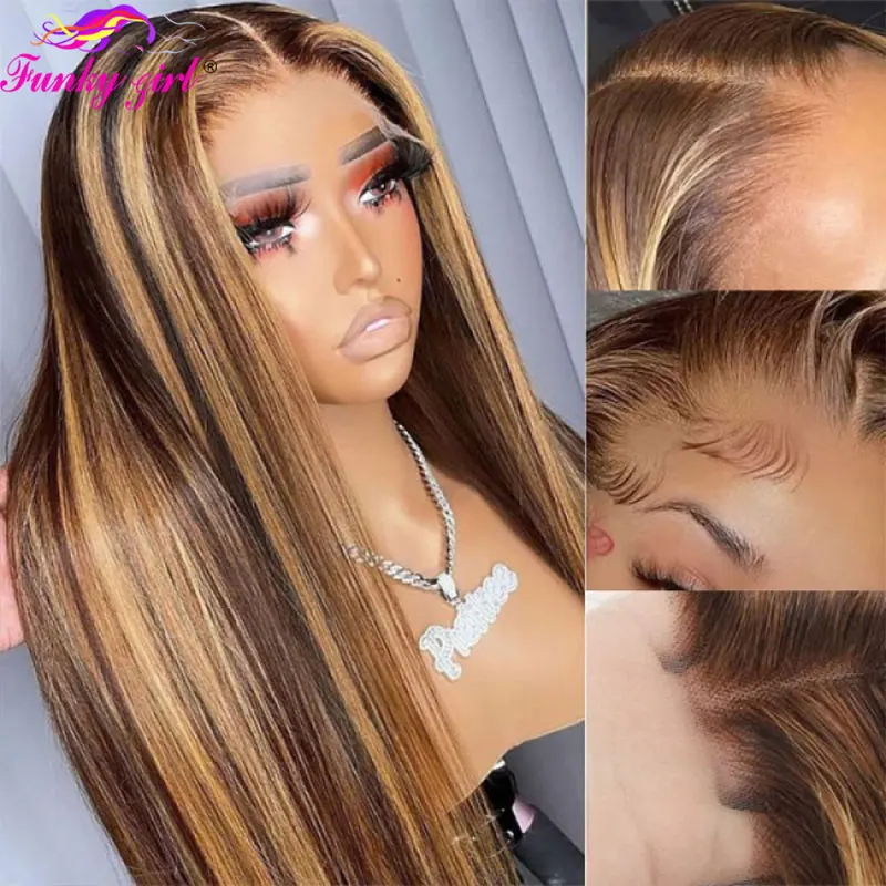 Highlight Pruik Human Hair Lace Front Pruik Bot Recht Blonde Ombre Kleur Brazilian 13X4 Lace Frontale Pruiken Voor Vrouwen Pre Geplukt