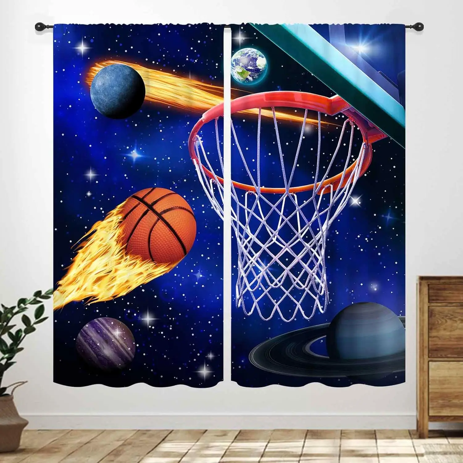 Cortinas de Baloncesto para Niños, Cortinas con Temática Deportiva, Galaxia, Espacio Exterior, Bola de Fuego, Jugador, Videojuegos, Adolescentes, Niños, Hombres, Cortinas Modernas para Ventanas