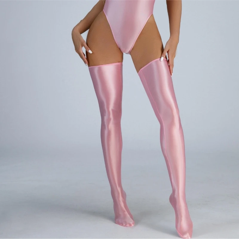 Women Sexy Silky Touch Thigh High Stockings Thin Breathable Intimate Underwear Oil Shiny Pole Dance Clubwear