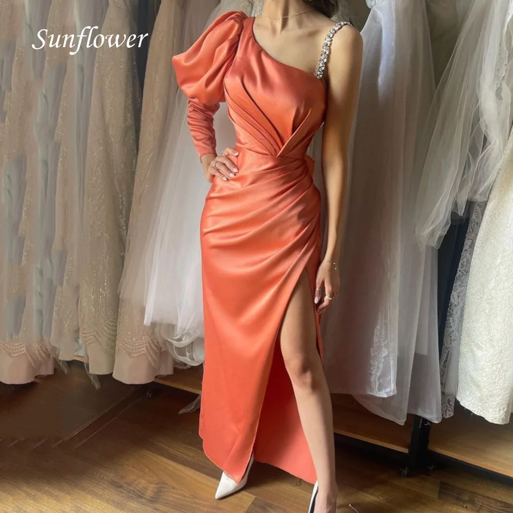 

Sunflower One-Shoulder Prom Gowns Mermaid Long Sleeve Evening Dress Slim Satin Ankle-Length Party Dress 2023 High-end Custom