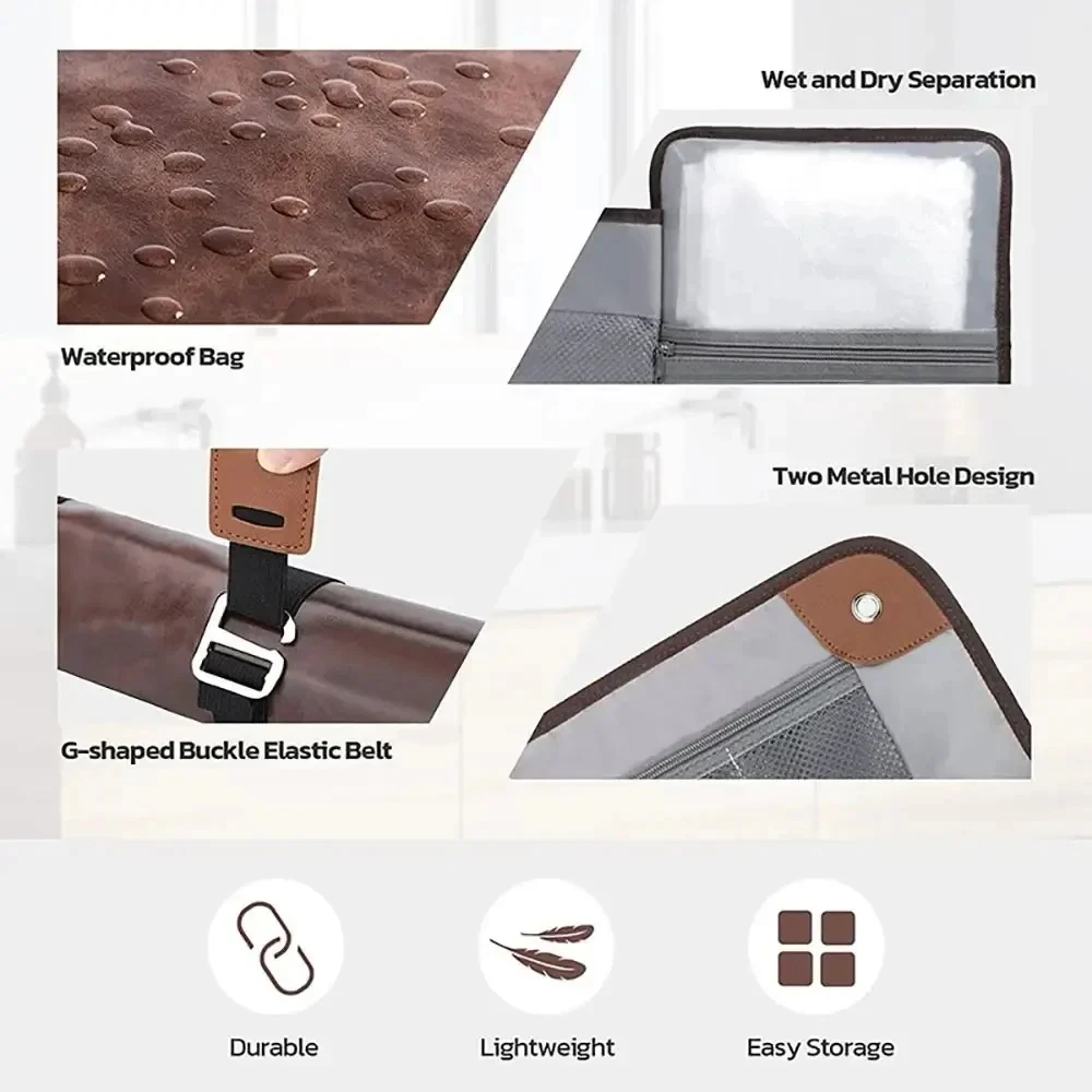 Tas Perlengkapan Mandi untuk Pria Tas Gantung Organizer Perjalanan Kamar Mandi Tahan Air Tas Kebersihan Kulit PU Tas Cukur Kit Dopp Gulung