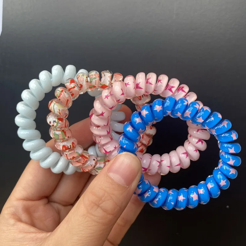 6pcs/set Women Telephone Wire hair bands girls Star Printing Spiral Cord hair tie elastic Scrunchies hair rope gum Accessories