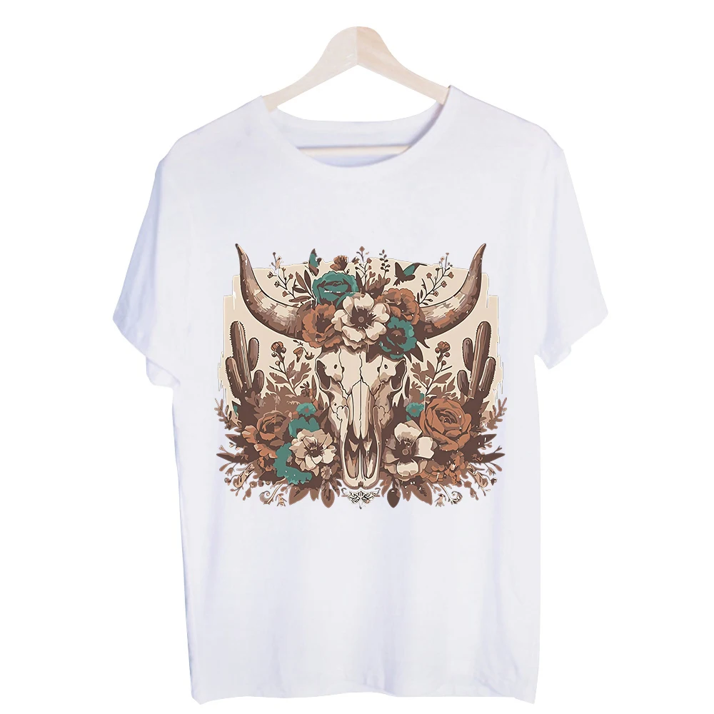 Men's Cow Skull with Floral Graphic Tee, Western Style Short Sleeve T-Shirt for Casual Daily Wear