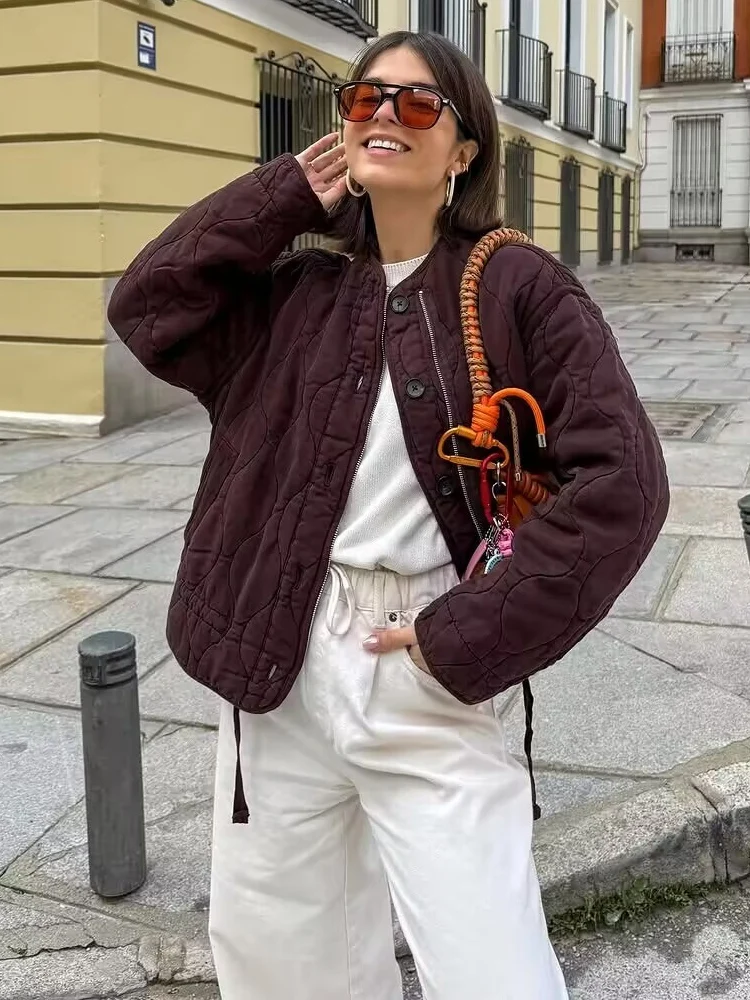 

HH 2025 Элегантная женская стеганая куртка, осень-зима, однобортное теплое пальто с длинными рукавами и круглым вырезом, шикарные парки, верхняя одежда