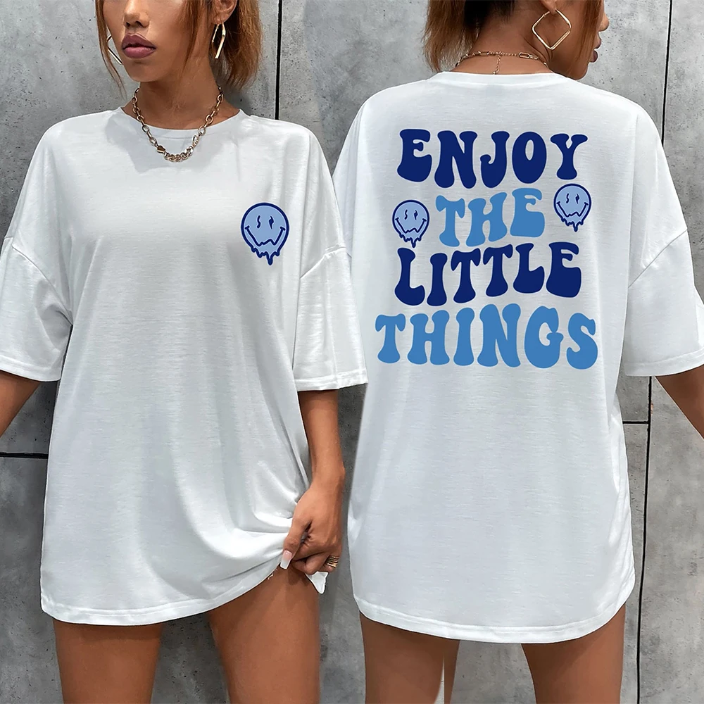 

Летняя хлопковая женская футболка с принтом Enjoy The Little Things, свободная одежда больших размеров, повседневная одежда с короткими рукавами