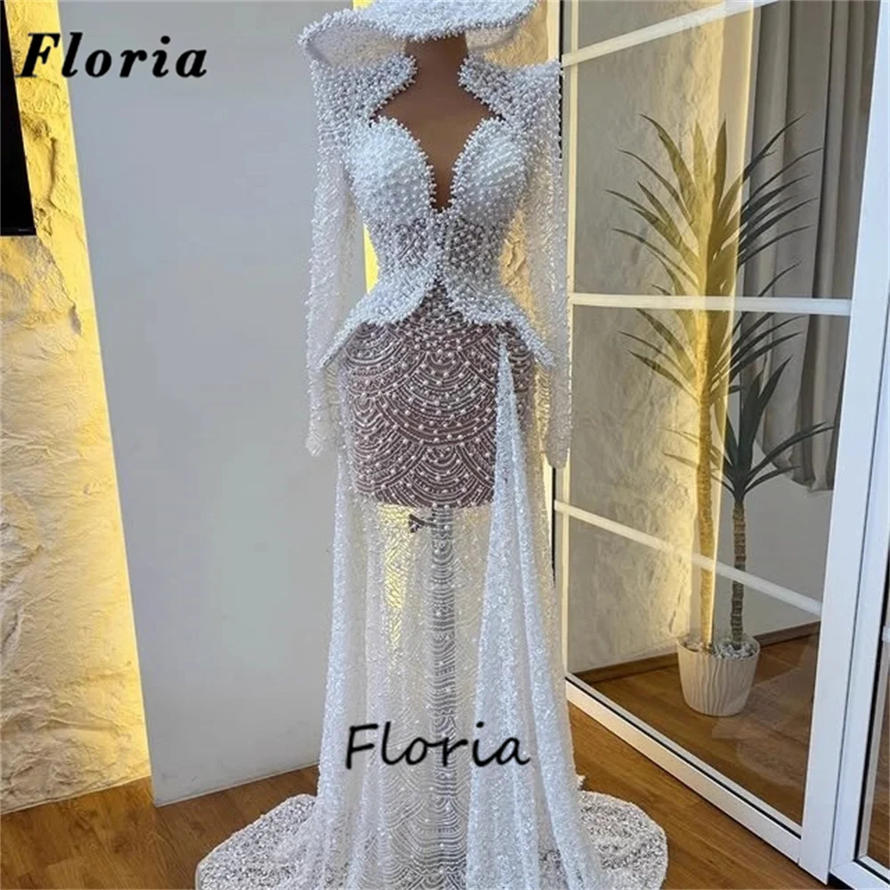 

Вечерние платья с тяжелым жемчугом, элегантное иллюзионное женское платье для выпускного вечера с длинными рукавами, свадебные платья, Vestidos De Cóctel по индивидуальному заказу