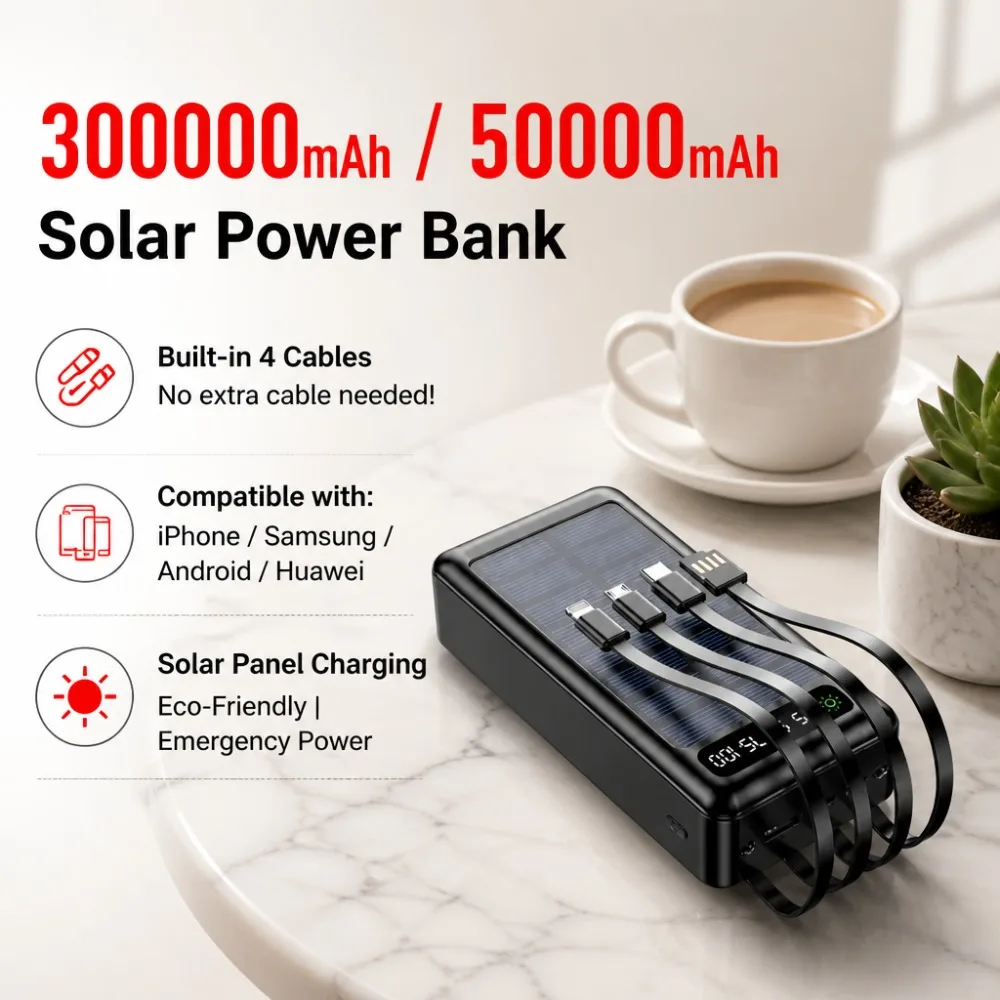 300000mAh Solar Power Bank Built-in Cables Fast Charging Battery Pack for iPhone Samsung Camping Travel Outdoor PowerBank