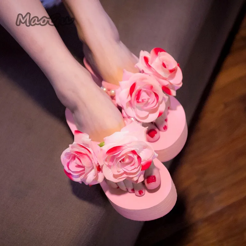 Pink Women's Floral Platform Flip Flops Rose Pearl Embellished Wedge Sandals Thick Sole Summer Slides Beach Fashion Slippers
