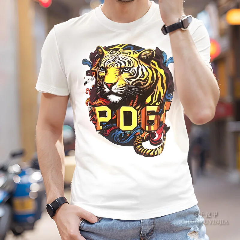 Chun yu yin jia Designer luxury brand Pattern 3D Tiger Print Short Sleeved t-Shirt for man  men White Good Quality tee