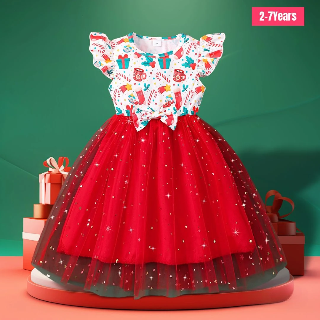 New Christmas Kids Girls Dress Summer Short Sleeve Bow  Gauze Children Dress Casual Ventilate Comfort Sweet Cute Girls Clothing