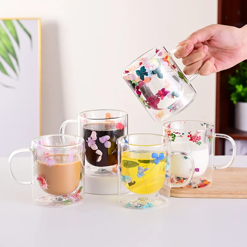 

Double Layered Cup, Real Flower, Dried Flowers, High Borosilicate Glass Mug, High Aesthetic Value Milk , Juice, Coffee Cup