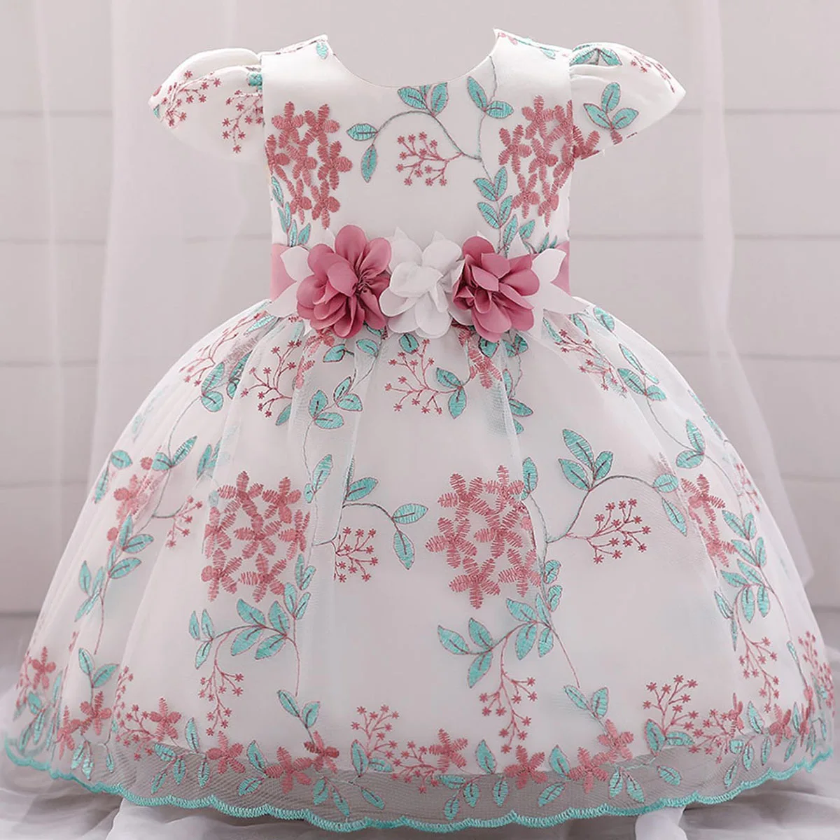 ELBCOS 1-13Y Kid Girls Crew Neck Petal Sleeves Short Sleeve Waistband Applique Embroidery Skirt Piano Costumes Evening Dress