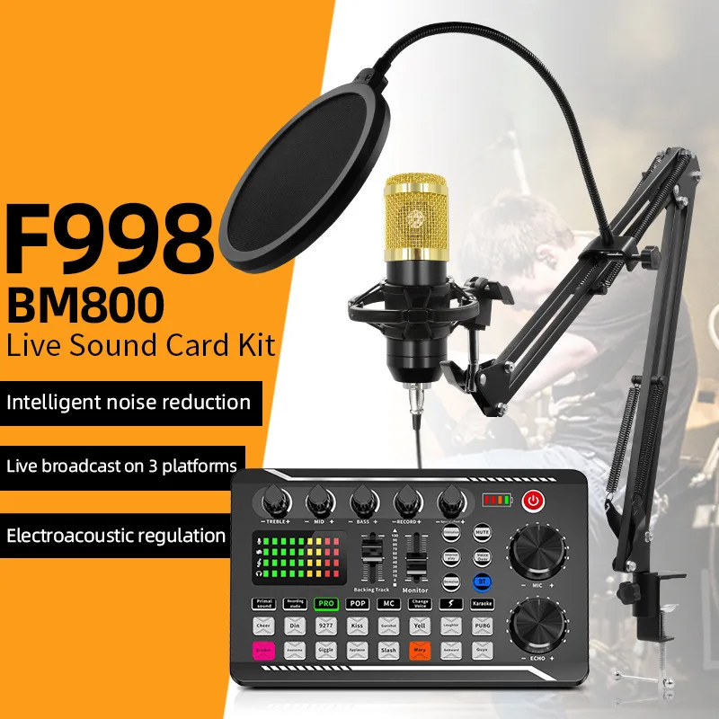 F998 Sound Card Microphone Mixer Kit 16 Sound Effects Audio Recording Sound Mixer Audio Mixing Console Amplifier for Phone PC