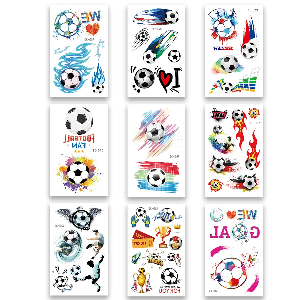 9 Sheets Soccer Temporary Tattoos Waterproof Fake Tattoo Stickers Colorful Football Pattern Body Art Stickers for Kids Adults Sp