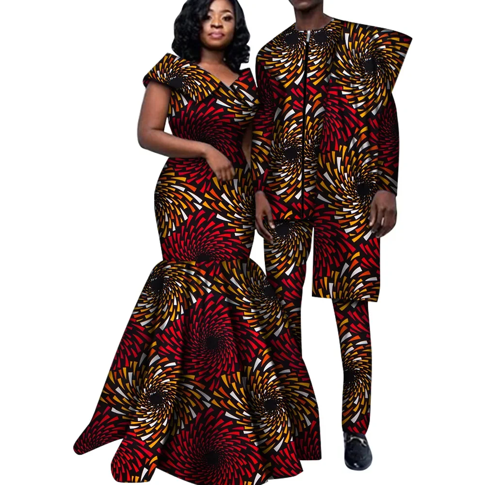 

African Clothes for Couple Women Long Maxi Dresses and Men Pants Suits Set African Print Cotton Outfits for Wedding Party WYQ556