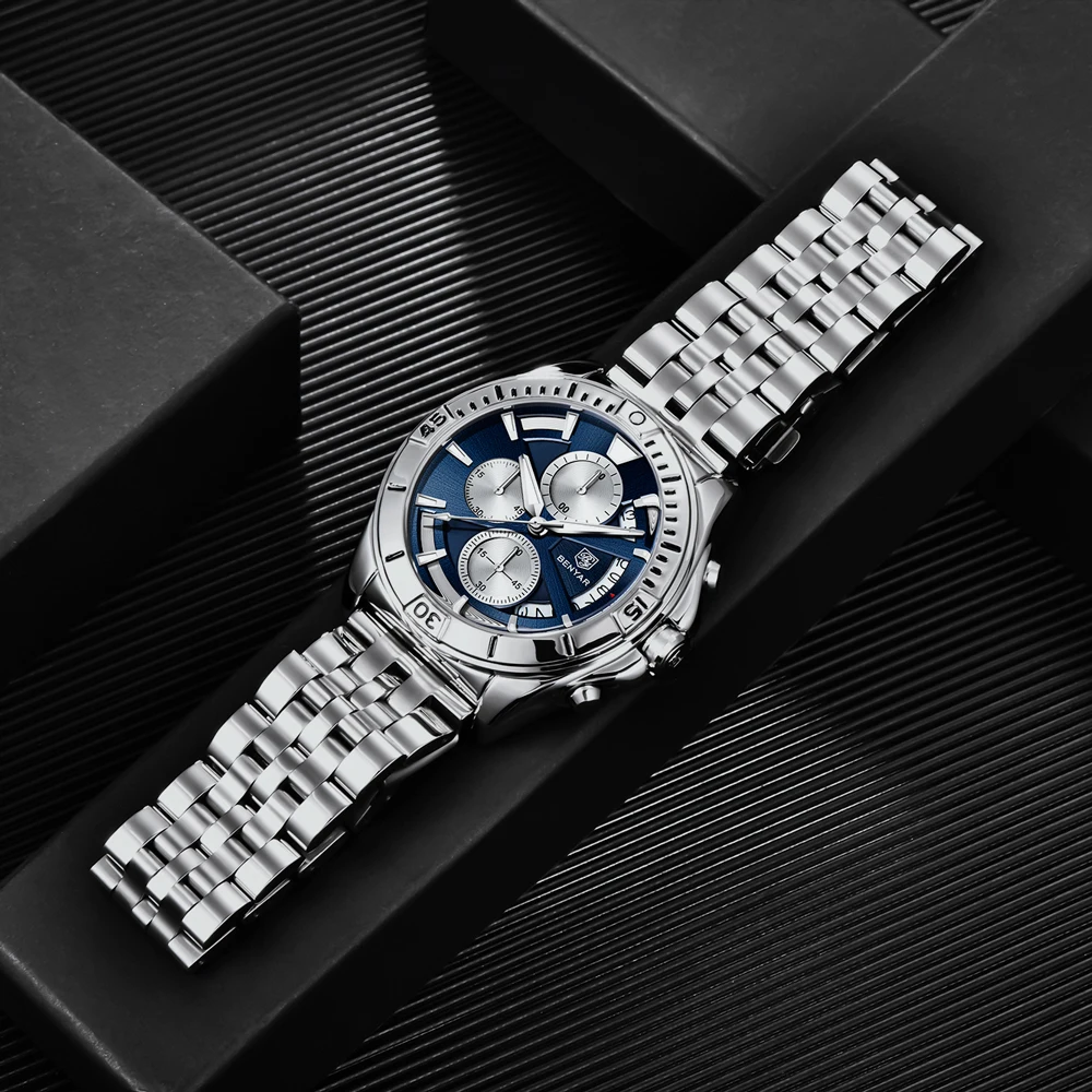2025 جديد BENYAR ساعات كوارتز رجالي العلامة التجارية الفاخرة كرونوغراف سرعة الرياضة ساعة للرجال الفولاذ المقاوم للصدأ ساعة مقاومة للماء هدية