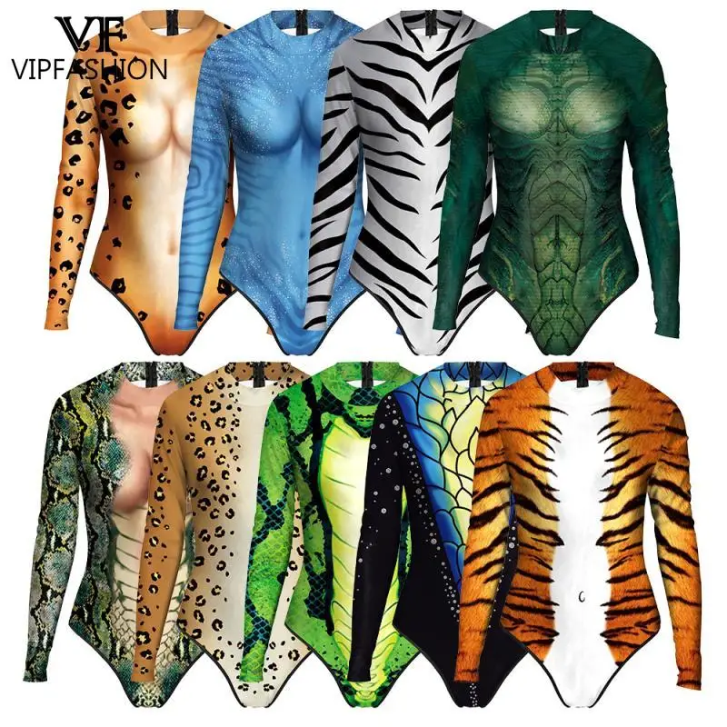 VIP FASHION Zebra Pattern Cosplay Costume Leopard Zentai Bodysuit Halloween Fancy Animal Swimsuit Long Sleeve Summer Swimwear