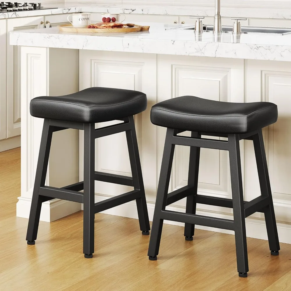 

Counter Height Bar Stools Set of 2, 24 Inch Barstools for Kitchen Counter, Kitchen Stools with Bonded Leather Saddle Seats & Hea