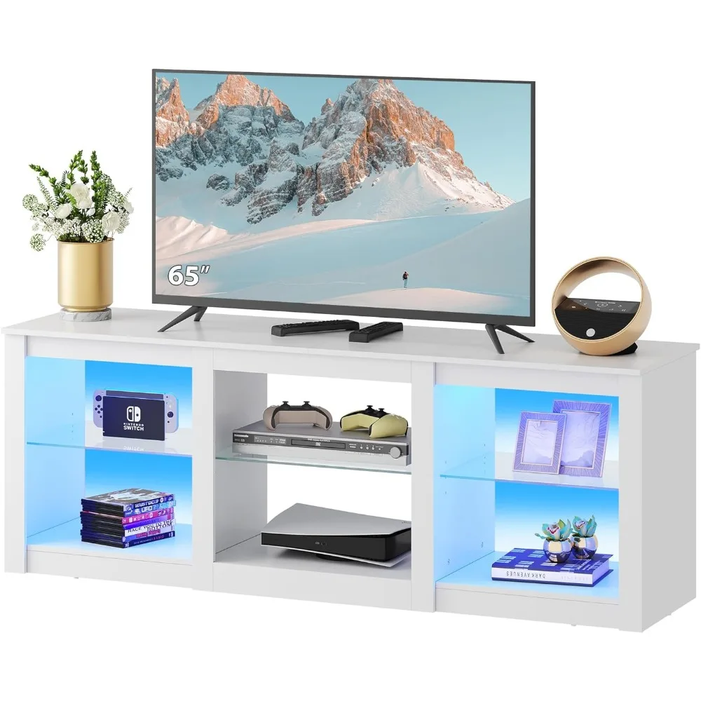 

LED TV Stand for 65-Inch TV, 58-Inch Entertainment Center with Adjustable Glass Shelves, Modern Media Console for Living Room &