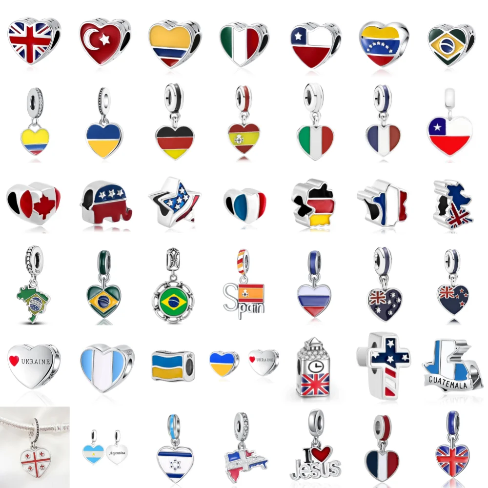 New925 Silver British Spanish Dominican Flag Pendant Beads Original Bracelet Jewelry Accessories Charm