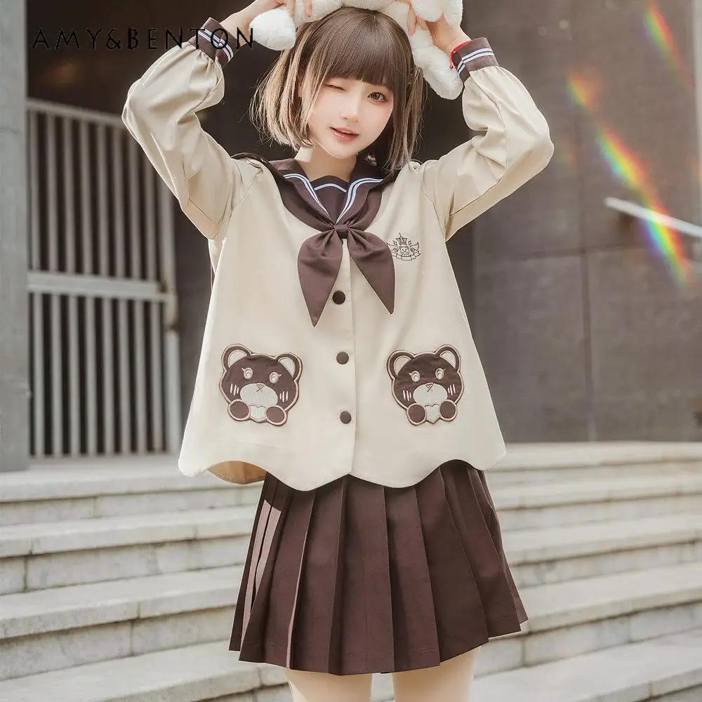 

2026 Spring Summer Japanese Style Kawaii Bear Embroidery Long Sleeve Top Brown Pleated Skirt JK Uniform Set for Teen Girls