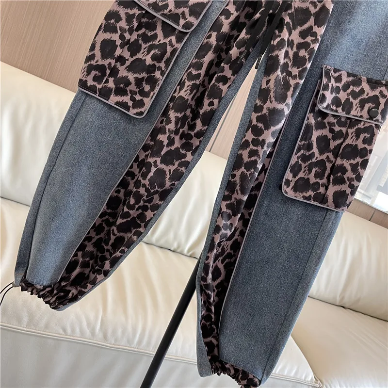 Women\'s Personalized Leopard Print Splicing Jeans Elastic Waist Patchwork Streetwear, Straight-Leg Trousers, Trendy Fashion, New