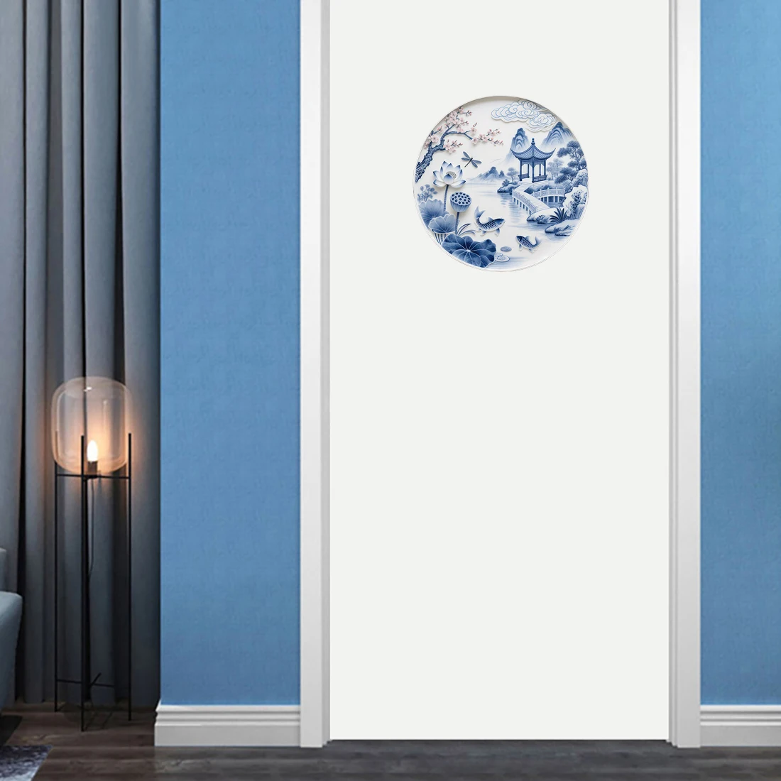 Three Ratels CFN34 Classic blue and white porcelain style landscape wall stickers for home decoration door decals bathroom t