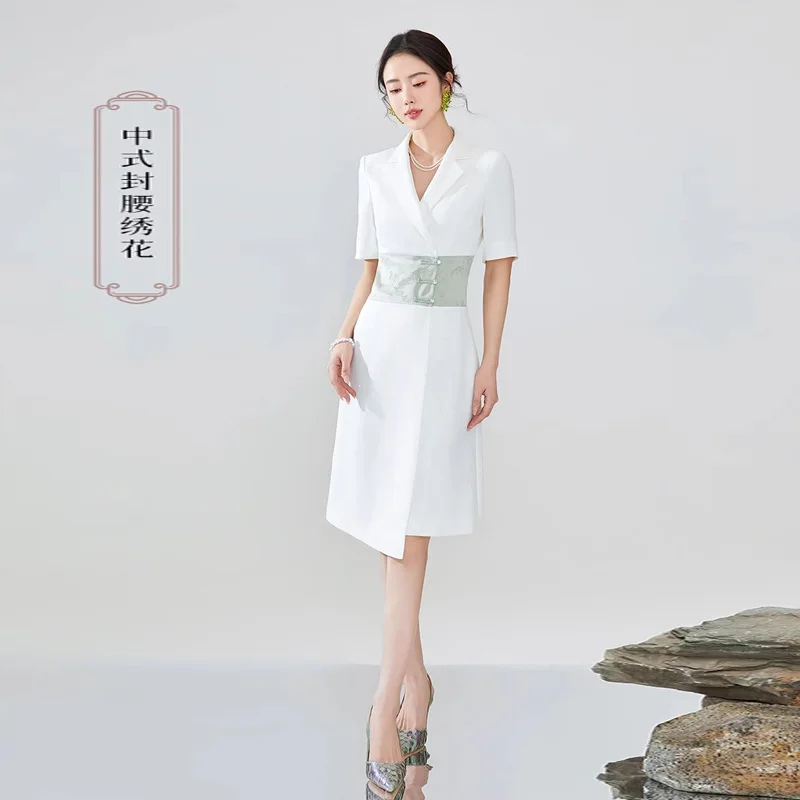 

Women's Dress High White Splicing Suit Dress New Chinese Style Disc Buckle Short-Sleeved Overalls Dress OL Office Lady Female