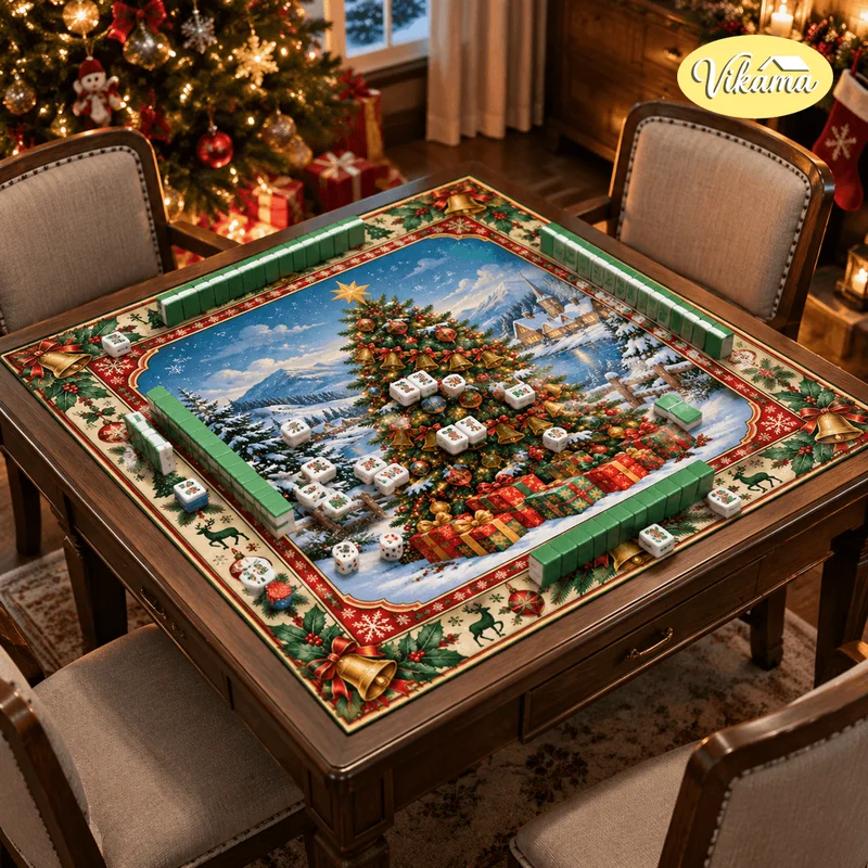 VIKAMA Christmas Mahjong Table Mat, Water-Absorbent, Non-Slip, Retro Snowy Mountain Town Christmas Tree Game Mat, Home Decor