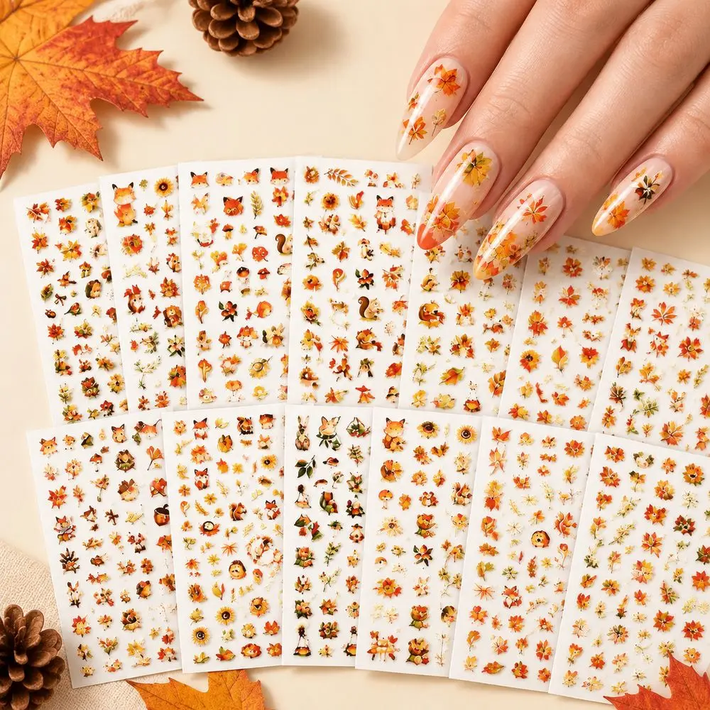 12Pcs Elegant Nail Wraps Gold Maple Leaf Hedgehog Deer Autumn Fall Foil Self Adhesive Decals DIY Nail Art Decor Collection