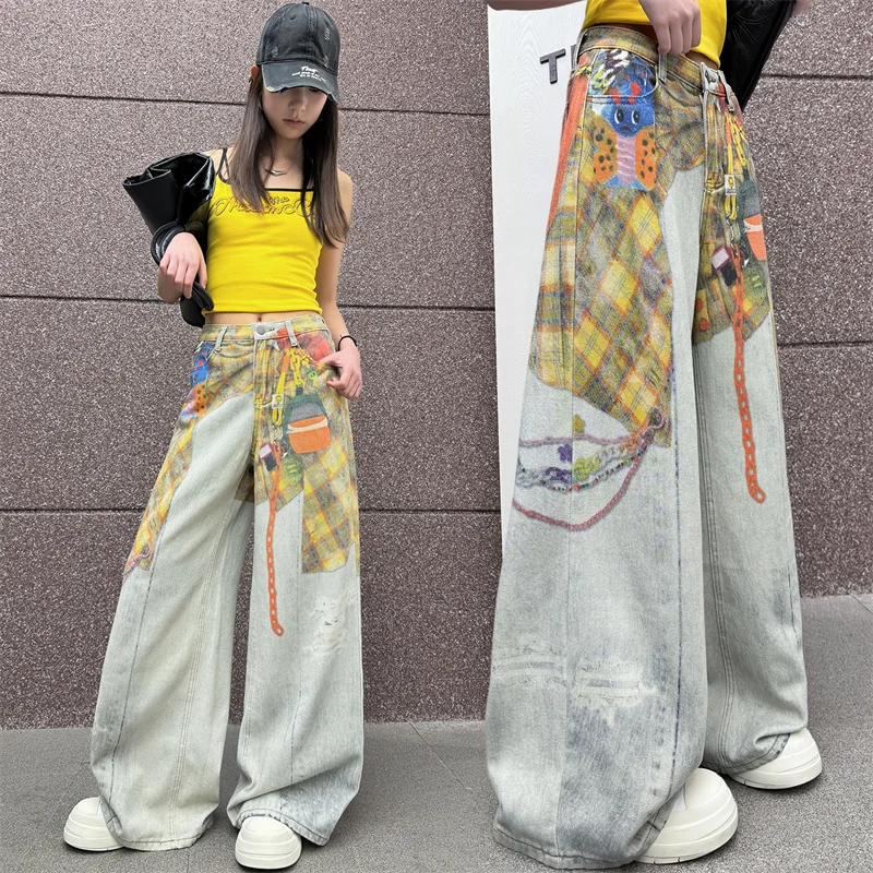 

New Girls Loose Wide-Leg Jeans Trousers with Fashion Print Children Cool Streetwear Straight Denim Pants Teenage 8 10 12 14Years