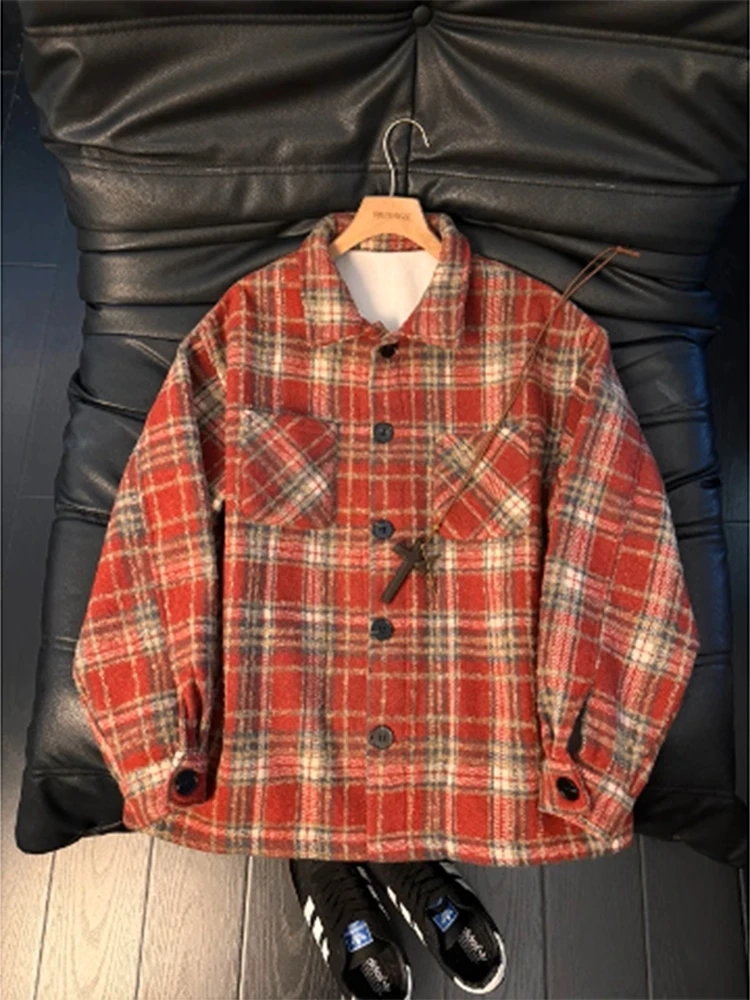 

Красная шерстяная рубашка в клетку с воротником для мужчин, осенне-зимняя, утепленная, с длинным рукавом, в стиле casual, верхняя одежда премиум-класса, свободный крой