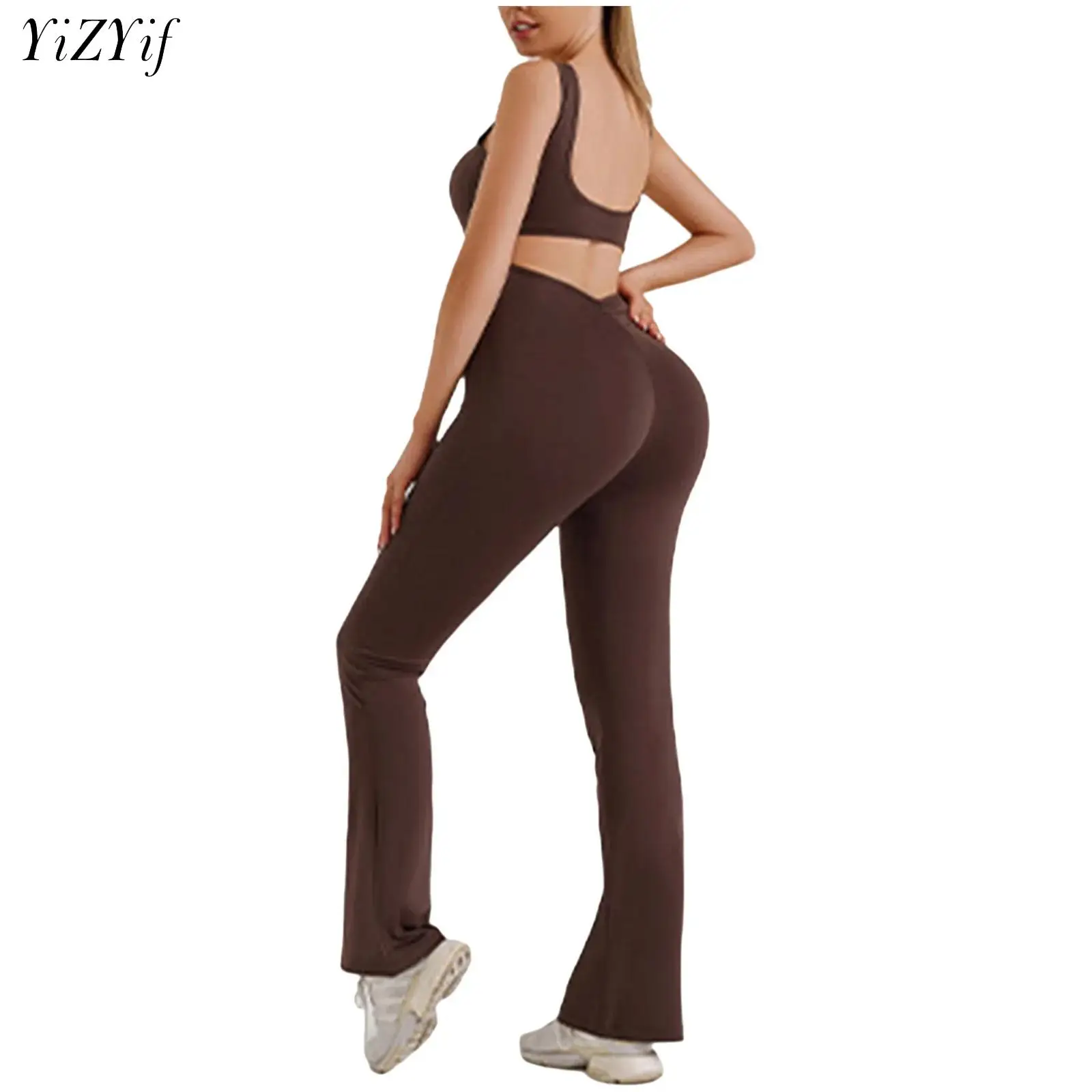 Women Backless Yoga Jumpsuit Tracksuits Solid Color U Neck Sleeveless Stretchy Bodysuit Gym Workout Fitness Running Sportswear